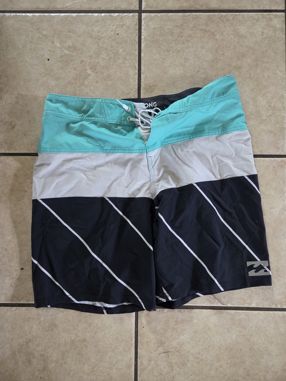 Billabong Teal, White & Black Striped Men's Swim Trunks